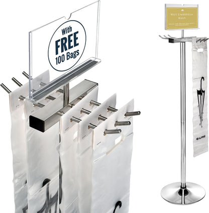Alpine Wet Umbrella Bags Disposable With Stand and Free 100 Umbrella Bag | Corrosion Reistant Stainless Steel, Commercial, Heavy Duty for Entryway in Lobbies and Businesses