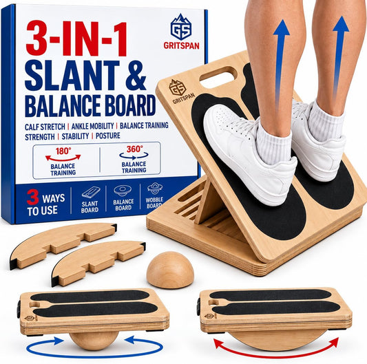 Slant Boards for Exercise, 3-in-1 Wooden Calf Stretcher, Rocker Balance Board and 360° Wobble Board, 5 Adjustable Angles, Anti-Slip Surface, Training Poster Included