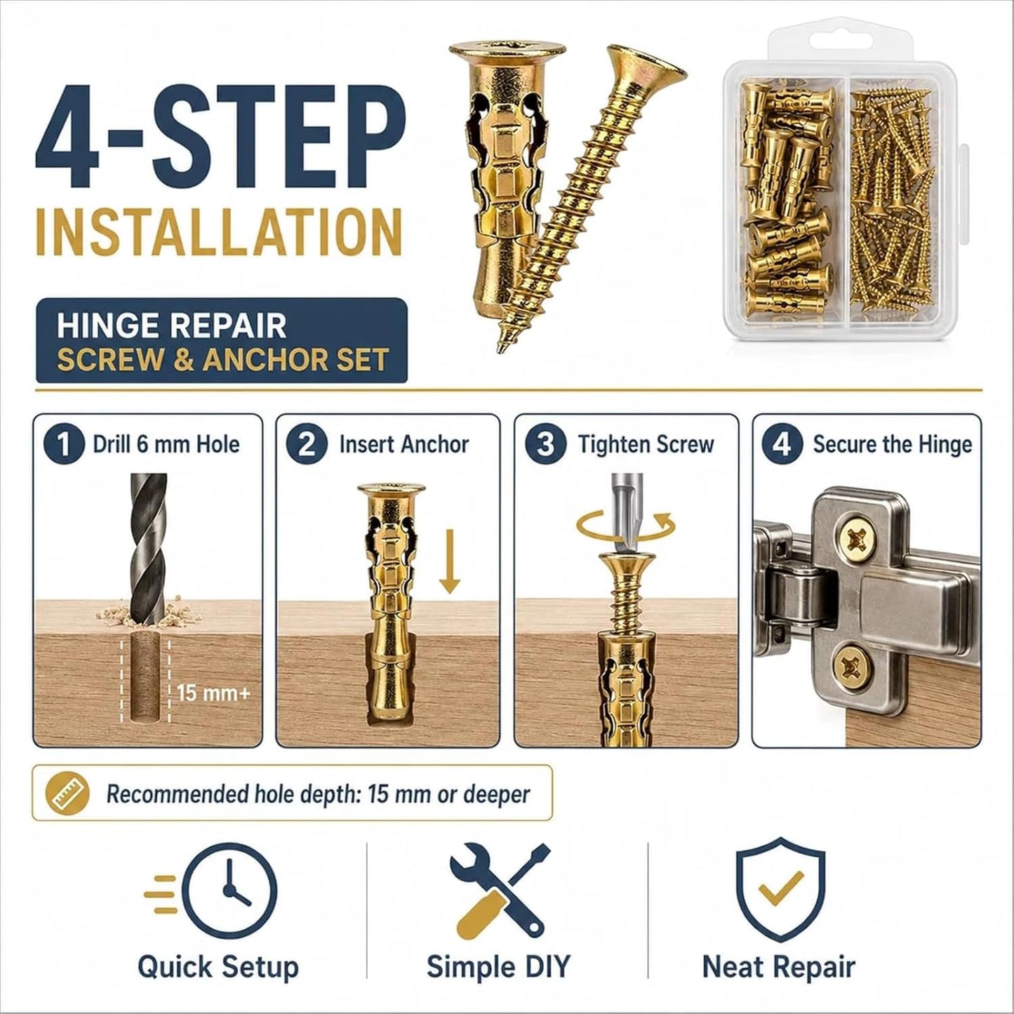 2026 6×14mm Short Expansion Screw Set - 100pcs for Cabinet Hinge Repair & Stripped Thread Restoration, Secure Cabinet Door Fastening Kit