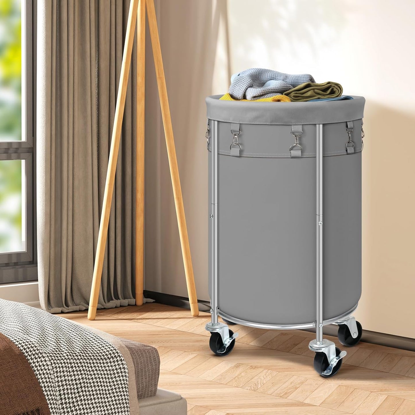 100L Round Rolling Laundry Hamper Basket with Wheels, Grey | Laundry Sorter Cart with Removable Bag, Clothes Organizer, Metal Frame, Bedroom, Bathroom, Laundry Room, Dorm Use