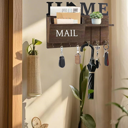 Rustic Wall Key Holder with Shelf & Hooks - Mail Organizer for Entryway | Wooden Key Rack for Keys, Coats, Dog Leash - Brown