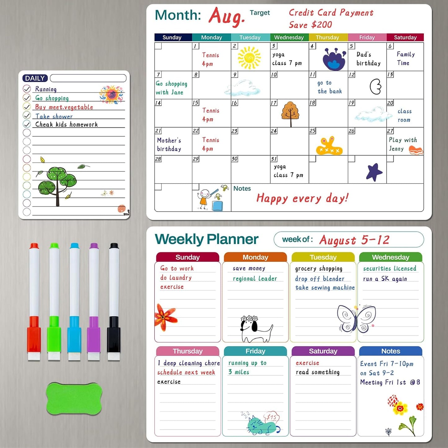 Magnetic White Board Calendar Dry Erase for Fridge | 14.6" x 11" Reusable Refrigerator Calendar for Fridge & Wall, Easy to Clean, Schedule Organizer, with 5 Markers and Eraser