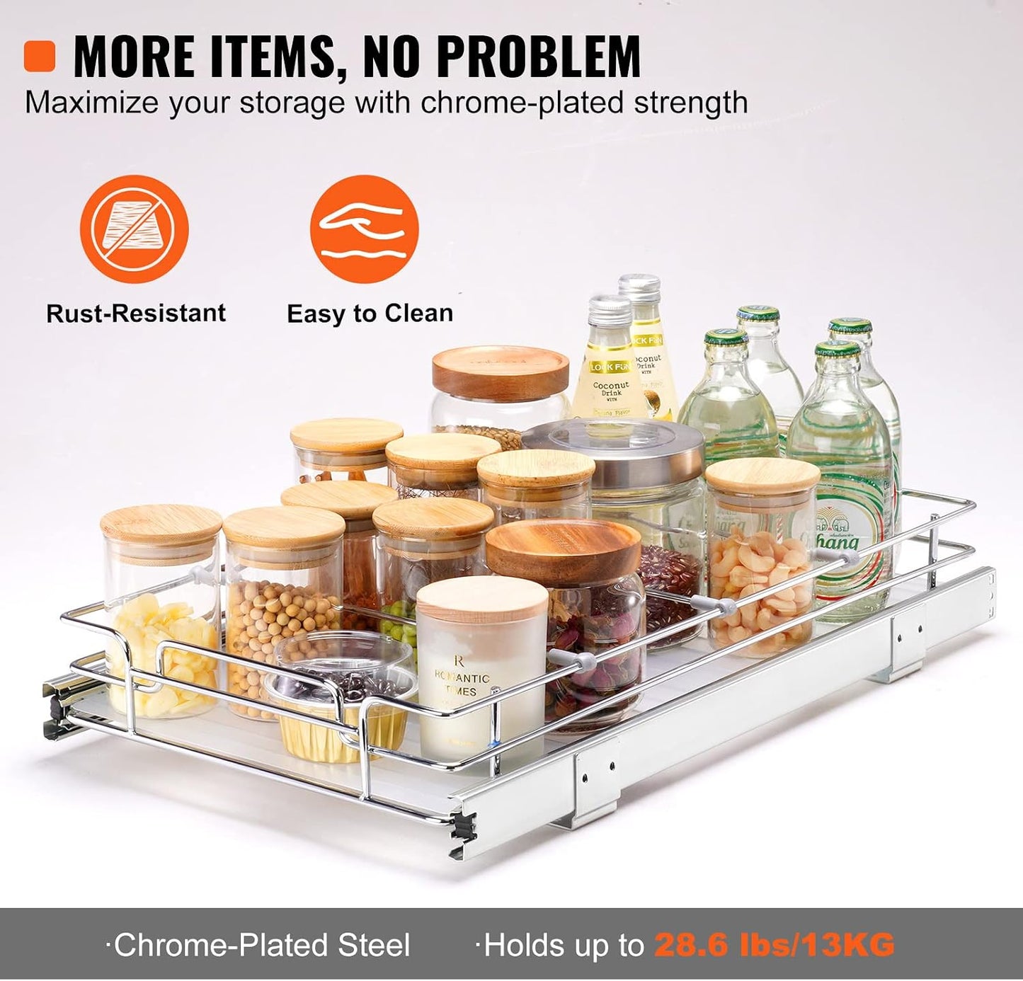 VEVOR 18.5"Wx21"Dx3.5"H Pull Out Cabinet Organizer, Heavy Duty Slide Out Pantry Shelves, Chrome-Plated Steel Roll Out Drawer, Drawer Storage for Home Under Sink, 20"Wx22"Dx7"H Install Size for Cabinet