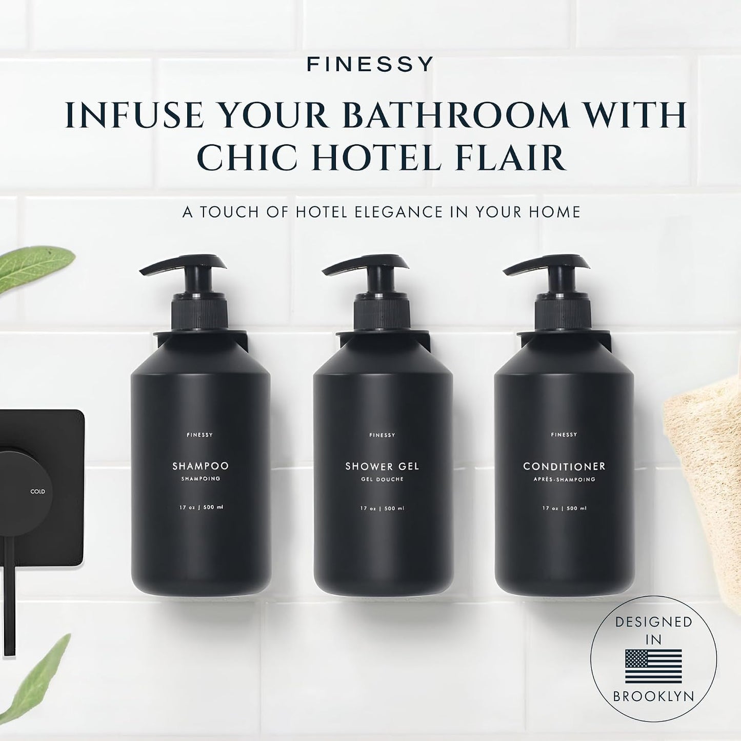 FINESSY Amber Shampoo and Conditioner Dispenser for Shower Wall No Drill | 3 Plastic 17oz Fillable Shower Bottles With Labels. Shower Shampoo Dispenser Wall Mounted. Airbnb Empty Soap Pump Bottles.