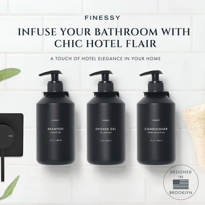 FINESSY Amber Shampoo and Conditioner Dispenser for Shower Wall No Drill | 3 Plastic 17oz Fillable Shower Bottles With Labels. Shower Shampoo Dispenser Wall Mounted. Airbnb Empty Soap Pump Bottles.