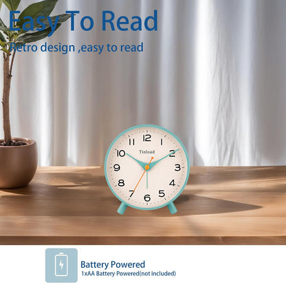 Tinload 4.5" Battery Operated Analog Alarm Clock, Small Silent Bedside Desk Clock with Night Light, Blue
