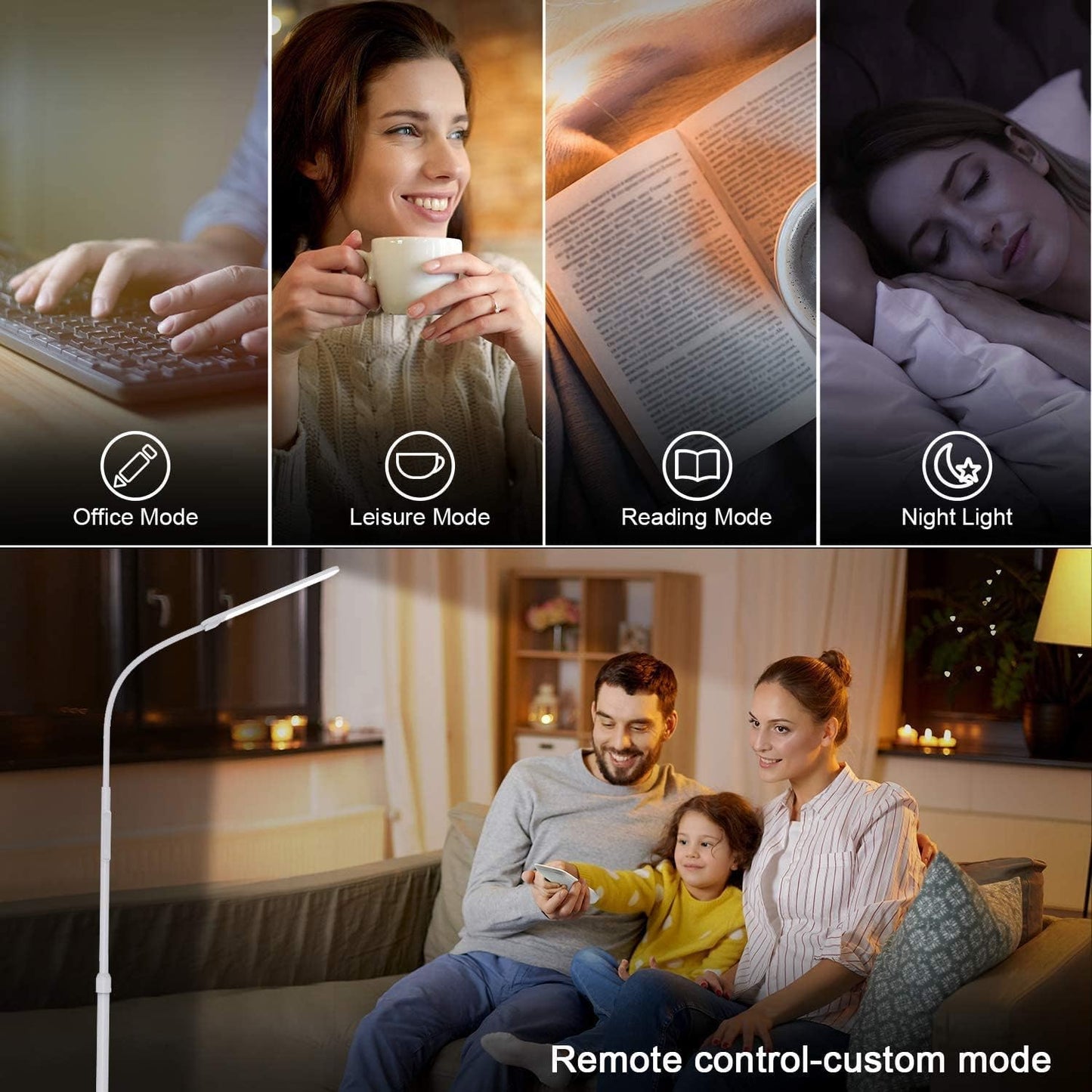 NXONE Led Floor Lamp,Modern Reading Adjustable Standing Height 4 Colors and Stepless Brightness Work Lamp for Living Room Bedroom Reading, Black