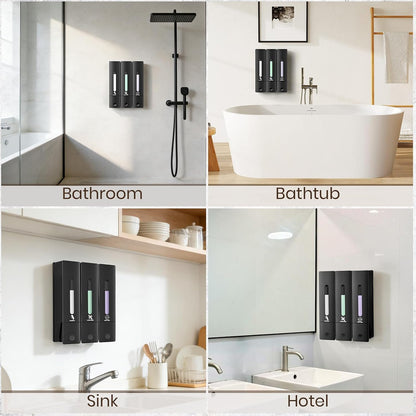 3 Chamber Shampoo and Conditioner Dispenser Set, No Drill Shower Soap | Refillable wall-mounted bottles, BPA-free. 3x400ml. Dispenses shampoo, conditioner,body wash, soap, lotion, gel. Black.
