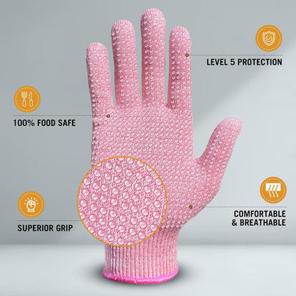 Evridwear Level 5 Cut Resistant Gloves with Non-Slip Grip, 2 Pairs | HPPE Material, Food Safe, Comfortable & Breathable, Kitchen, Crafting & DIY Projects(M, Pink+Gray)