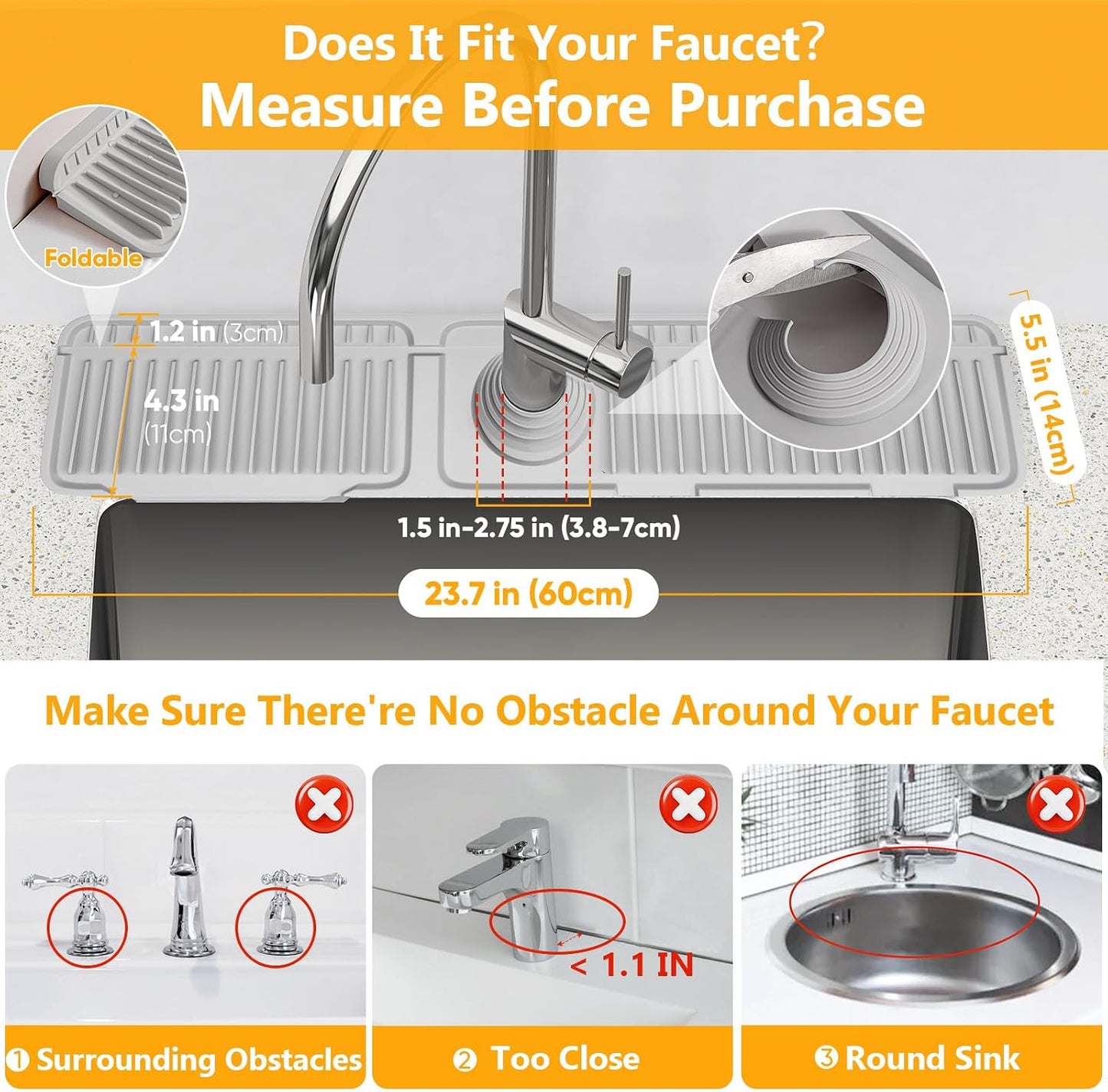 24'' Longer Faucet Mat for Kitchen Sink Splash Guard[7° Slope Fast Self-draining][Snap Lock Fit]Kitchen Sink Faucet Mat Splash Guard Kitchen Sink Area Water Splash Guard Behind Faucet Draining Mat