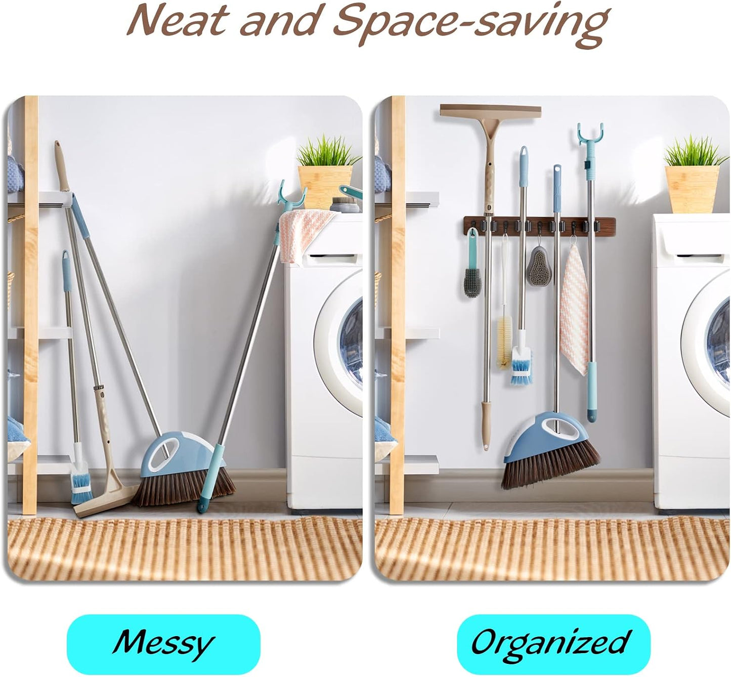 OUTNILI Mop and Broom Holder Wall Mount - Wood Broom Mop Hanger - Wall Mounted Garden Tool Rack Organizer for Closet Garage Laundry Room, Rustic Kitchen Decor With 4 Slots & 4 Hooks