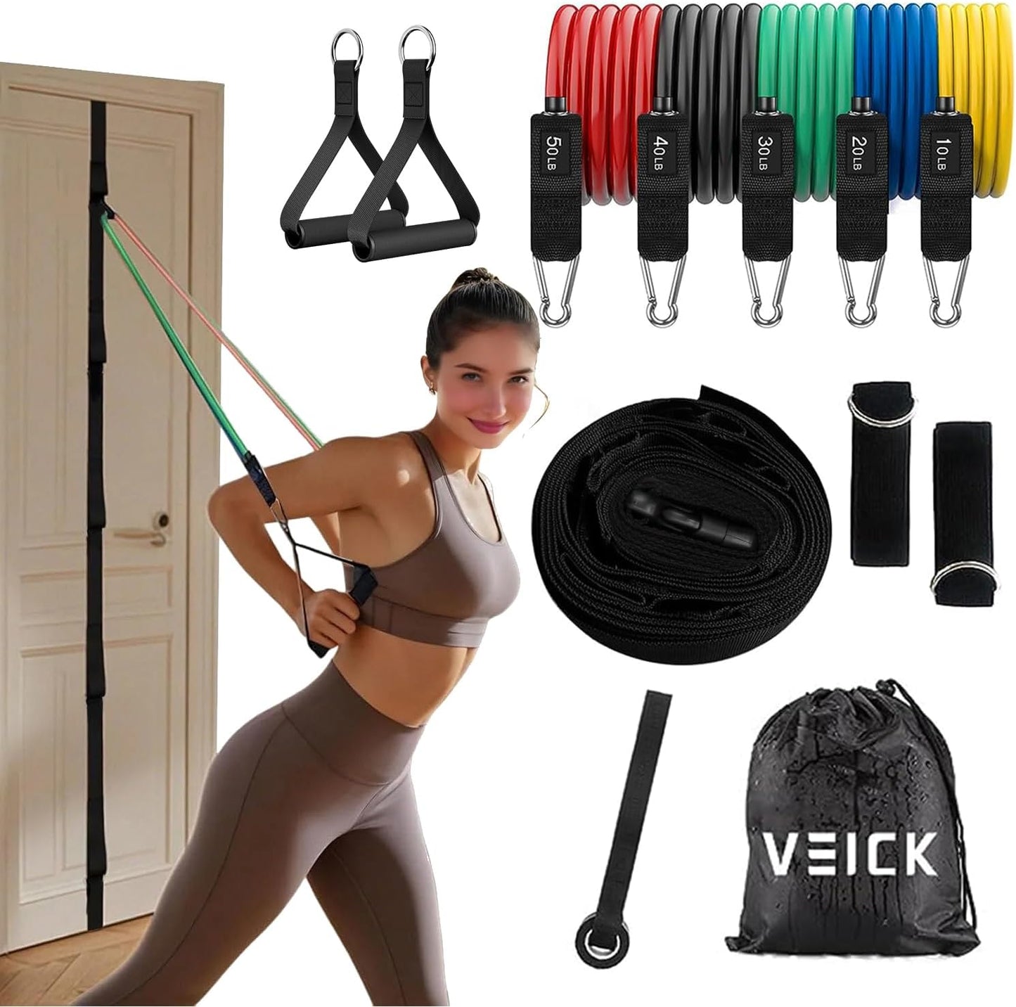VElCK Resistance Bands Set with Handles for Exercise, Workout and Home Gym | 100% Natural Latex, 10-150LBS, Versatile for Yoga, Pilates, Strength, Home Gym