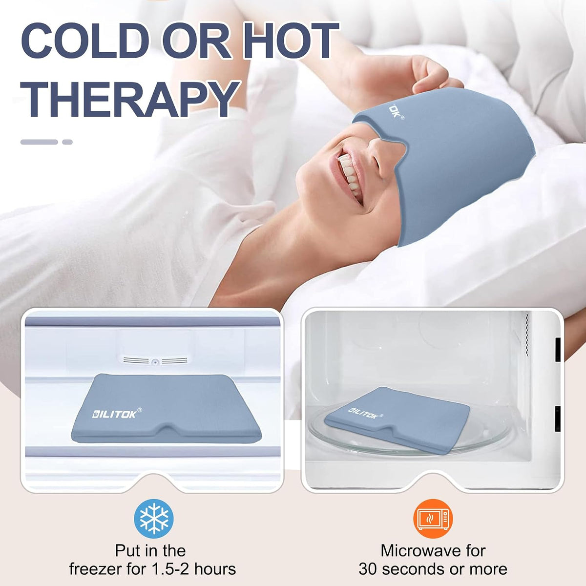 Migraine Headache Relief Cap, Gel Ice Head Wrap, Hot and Cold Therapy, Headache Eyes Mask for Sinus, Puffy Eyes, Tension and Stress Relief (Blue)