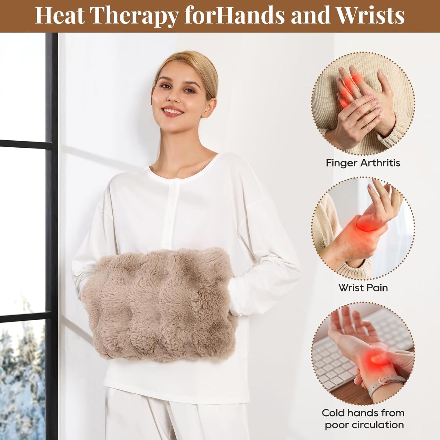 Double-Sided Heating Pad for Hands, Luxury Faux Fur Electric Hand Warmer for Fingers Arthritis, Heated Gloves Indoor Use, Hand Warmer Pouch for Women Men Hand Pain Relief, 3 Levels & Auto Off, Brown
