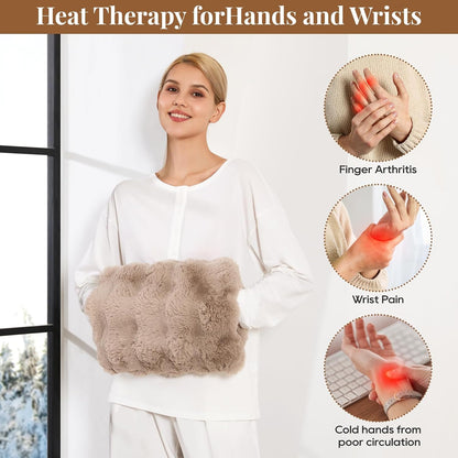 Double-Sided Heating Pad for Hands, Luxury Faux Fur Electric Hand Warmer for Fingers Arthritis, Heated Gloves Indoor Use, Hand Warmer Pouch for Women Men Hand Pain Relief, 3 Levels & Auto Off, Brown