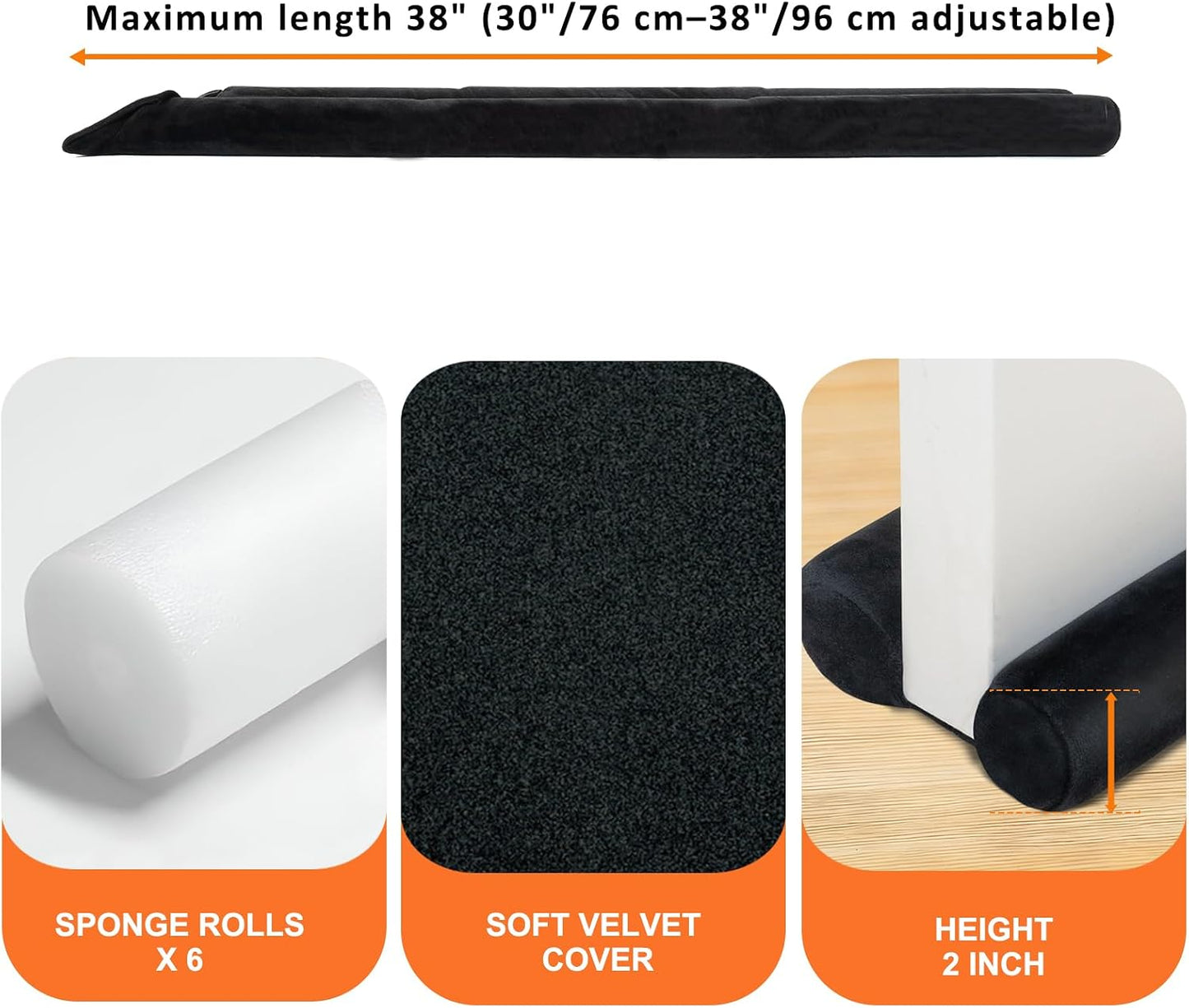 Under Door Draft Stopper 30-38" Adjustable Wind Stopper for Door & Window, Foam Door Sweep Air & Noise Blocker for Bottom of Doors Double Side Seal - Black
