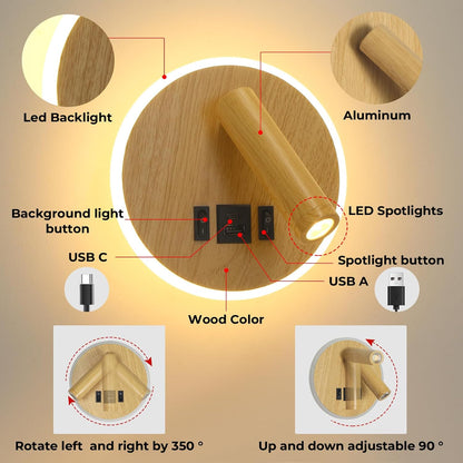 Plug in Wall Sconce with Wall Mounted Reading Lights with Switch | Wall Lamp for Bedroom with Charging Station USB C+A Ports,Bunk Bed Lights with 3W+9W Night Light,Walnut Color Reading Light