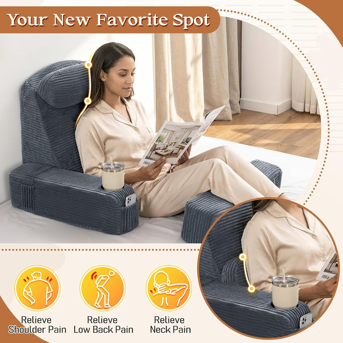 Reading Pillow/Backrest Pillow with Arms, Cup Holder & Phone Pocket