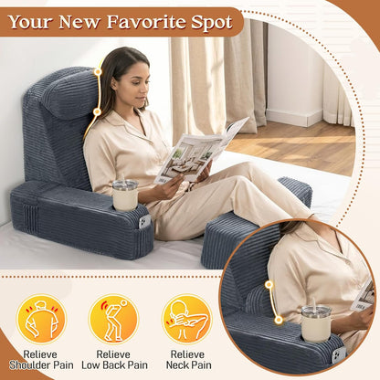 Reading Pillow/Backrest Pillow with Arms, Cup Holder & Phone Pocket