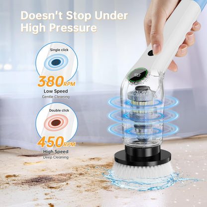 PUFTEM Electric Spin Scrubber, Cordless Shower Scrubber, Adjustable Handle | Dual Speed, 8 Replaceable Brush Heads, Adjustable Extension Handle, Battery Level Display, Bathtub, Tile & Floor Cleaning