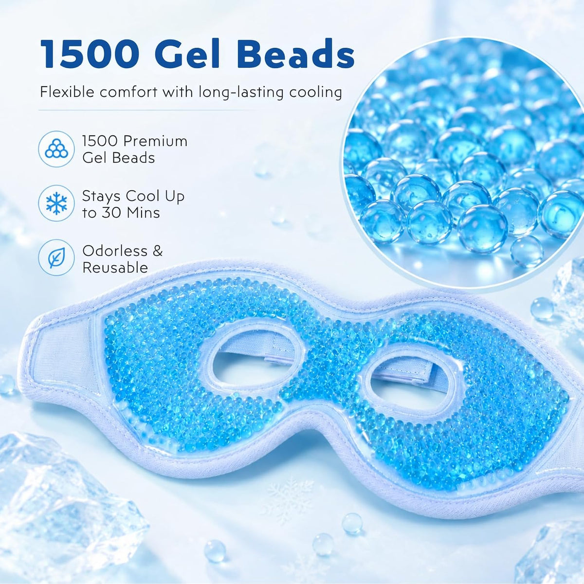 Gel Eye Mask, Reusable Hot & Cold Cooling Eye Mask, Cold Compress for Puffy Eyes, Eye Cooling Gel Beads Sleeping Mask, Adjustable Plush Strap — Stays Cool 30 Mins - 2 Pack