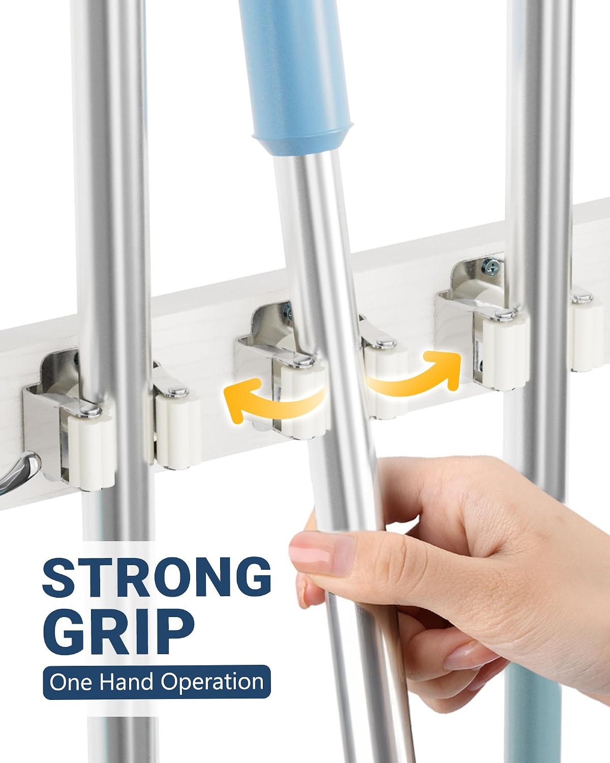 Lorbro Broom Holder Door Mount, Wood Over the Door Broom and Mop Holder | 4 Slots 4 Hooks, No Drill Setup, EVA Protection Pads, Secure Grip, Laundry Garage Closet Kitchen Use, White