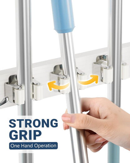 Lorbro Broom Holder Door Mount, Wood Over the Door Broom and Mop Holder | 4 Slots 4 Hooks, No Drill Setup, EVA Protection Pads, Secure Grip, Laundry Garage Closet Kitchen Use, White