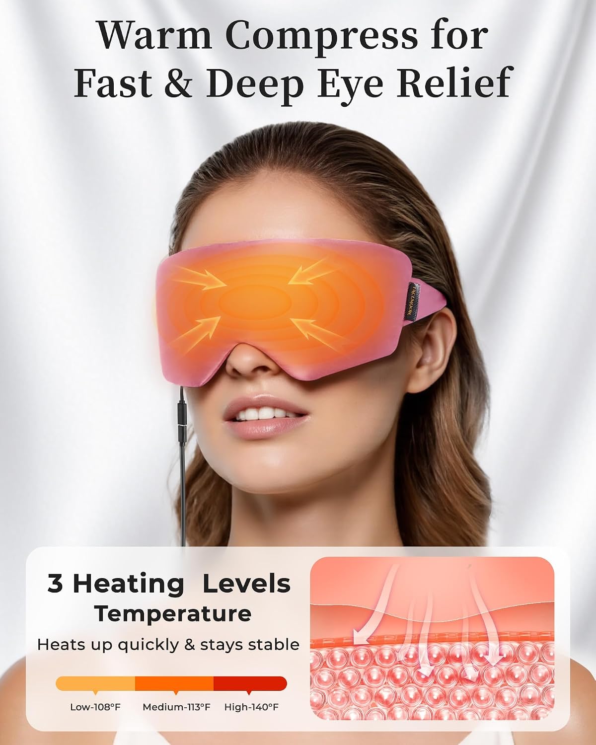Heated Eye Mask for Dry Eyes, USB Powered Silk Warm Compress for Eyes | Electric Eye Heating Pad with 3 Heat Levels & 4 Timer, Washable Dry Eye Mask for Blepharitis, Stye, MGD, Sinus Pressure, Blue