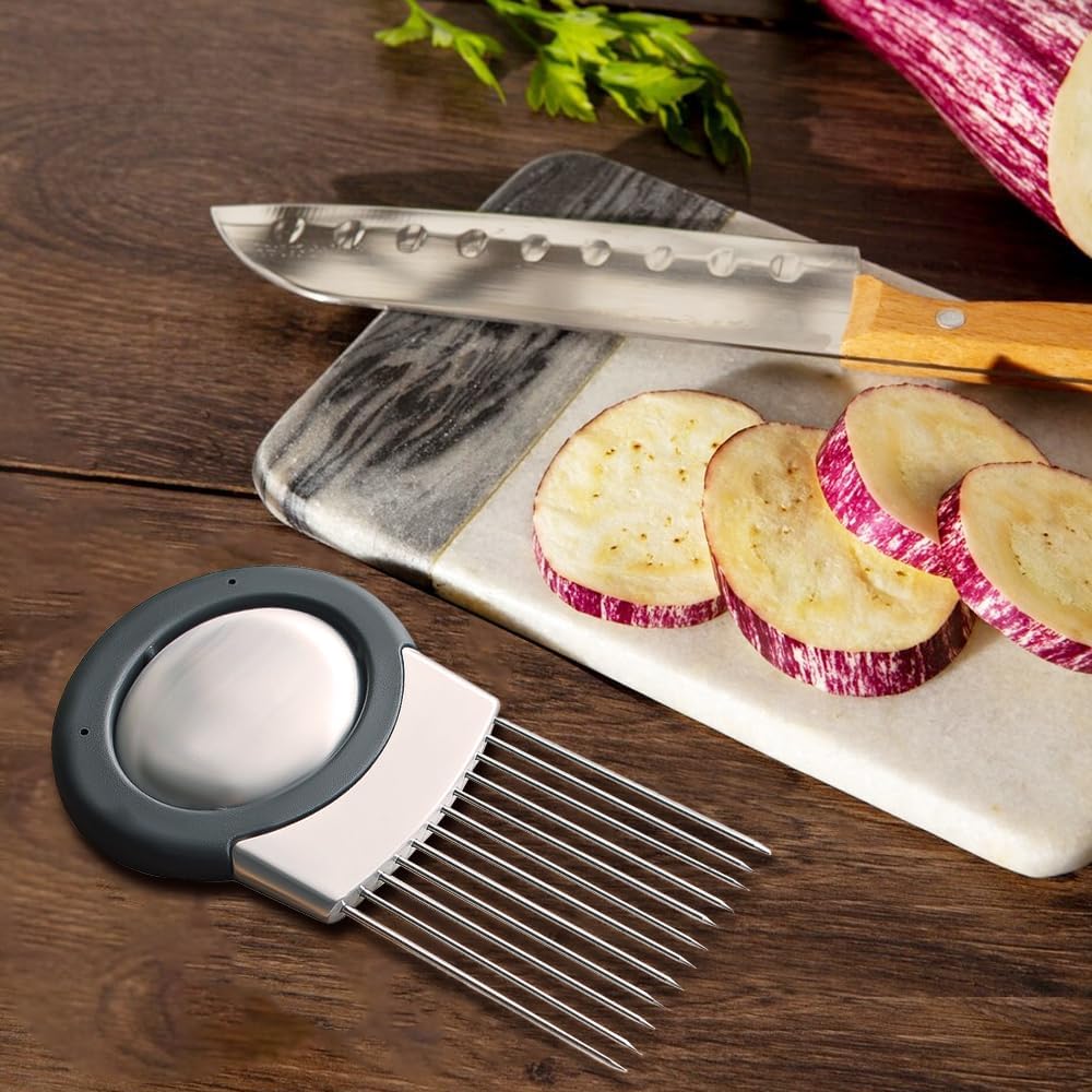 2025 Upgraded Onion Holder for Slicing, Stainless Steel Onion Slice Holder Lemon Slicer Vegetable Cutter, Home Kitchen Tools Onion Holder for Slicing, Meat, Onion, Potato, Tomato (A-1Pcs)