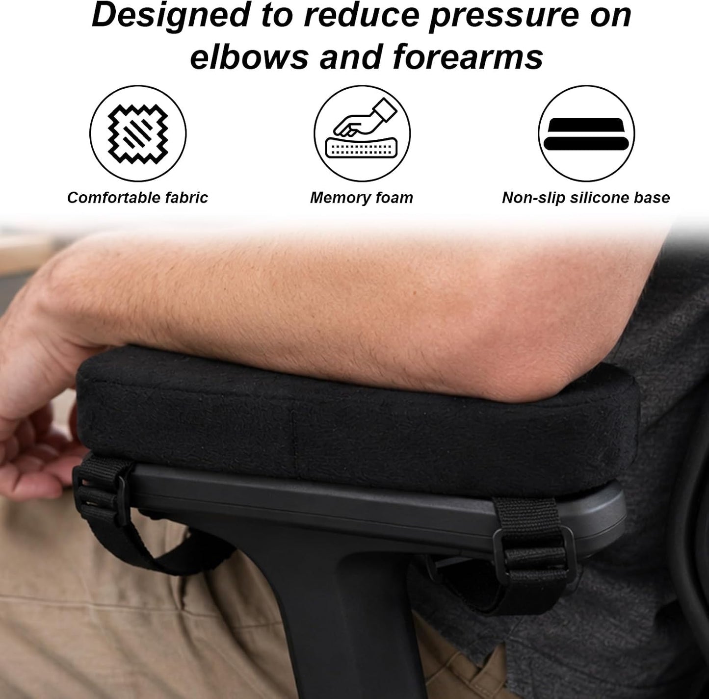 Gosknor 2pcs Office Chair Arm Pads, Memory Foam Non-Slip Armrest Cushion | Ergonomic Office Chair Arm Covers with Adjustable Buckles and Straps Forearm Support Pillow for Desk Computer & Wheelchair