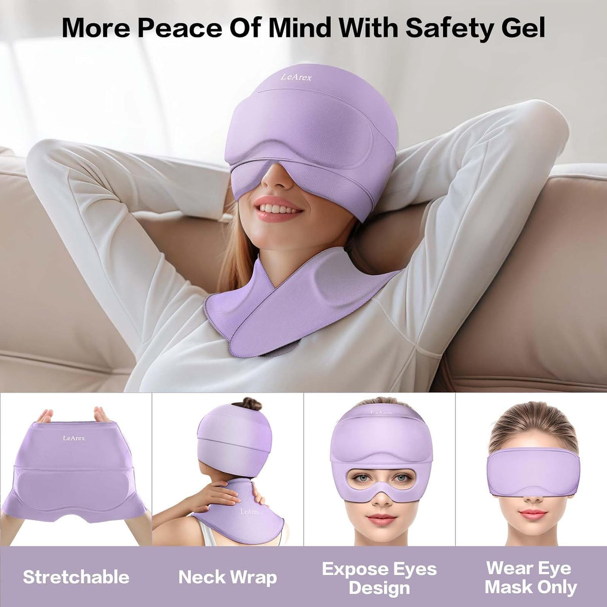 3 in 1 Migraine Relief Cap Neck Ice Pack Wrap Gel and Ice Eye Masks, Detachable Ice Caps with Eyes Masks, Hot and Cold Therapy for Relief of Headaches, Stiff Neck and Eye Fatigue (Purple)