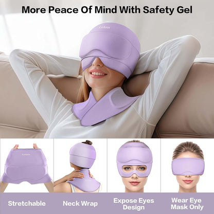 3 in 1 Migraine Relief Cap Neck Ice Pack Wrap Gel and Ice Eye Masks, Detachable Ice Caps with Eyes Masks, Hot and Cold Therapy for Relief of Headaches, Stiff Neck and Eye Fatigue (Purple)