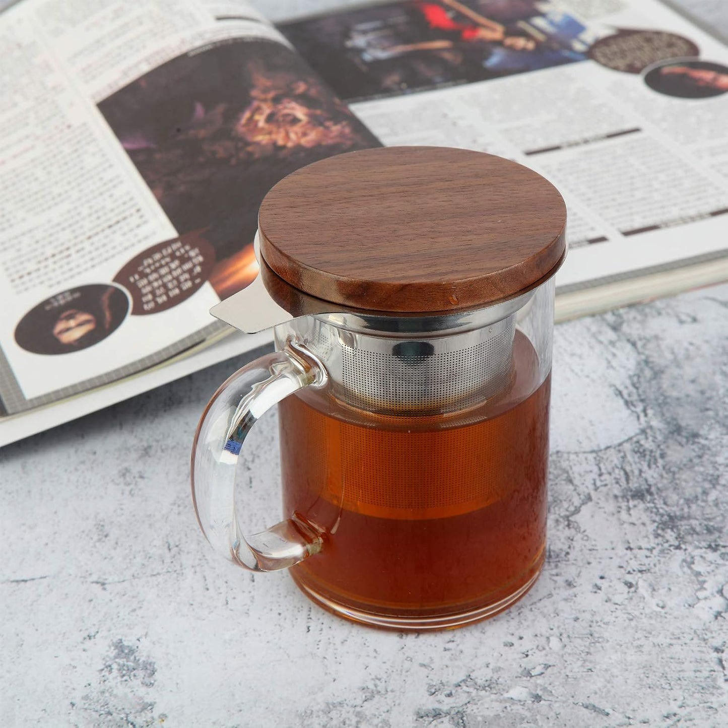 Tea Cup with Infuser Walnut Lid&Handle, Glass Tea Cups with Wide Mouth Extra Large Capacity, Stainless Steel Tea Infuser Mug for Loose Leaf Tea Steeping(14oz/400ml)
