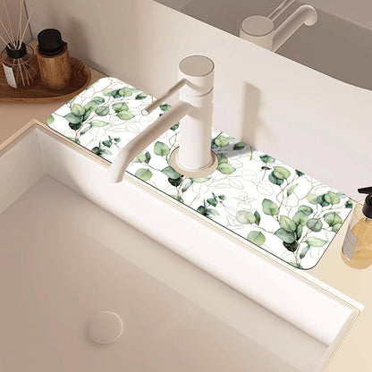 Abstract Watercolor Leaves Sink Faucet Absorbing Mat Sink Splash Guard Faucet Mat Draining Mat Fast Drying Sink Protectors for Kitchen and Bathroom 5.5"×15"