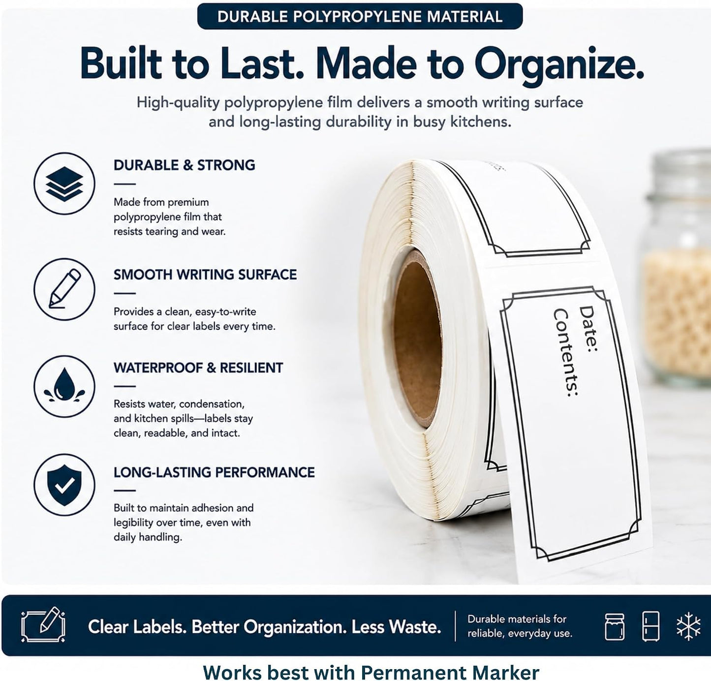 Pantry Labels for Containers, Waterproof Date & Contents Food Labels, 1" x 2" (25.4 x 50.8mm), 500/Roll, Writable