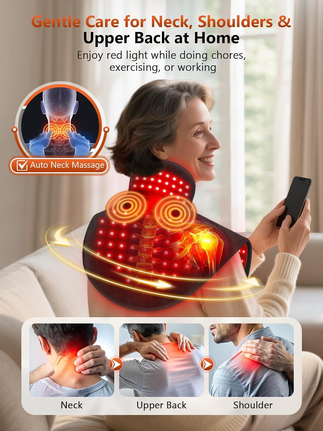 RELEXNOW Red Light Therapy for Shoulders and Neck Massage with Heat, 5000 mAh Battery Cordless Near Infrared Red Light Therapy Pad for Body, Wearable Heating Pad for Upper Back, Shoulder & Neck(Black)