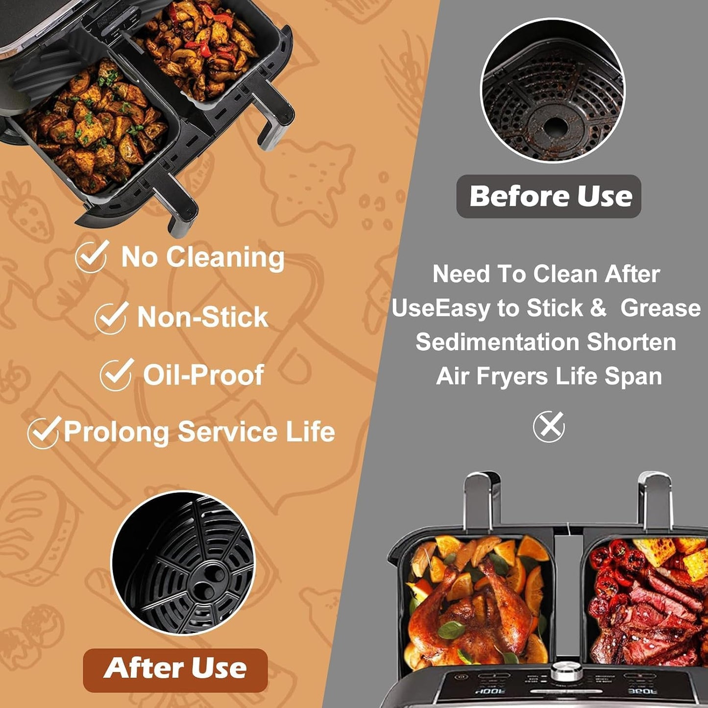 CEGOUT 2PCS Non-Stick Silicone Air Fryer Liners for Ninja DZ201/DZ401 DZ550 8-10 QT, COSORI 2 Basket Air Fryer, Baking Tray, Air Fryer Accessories