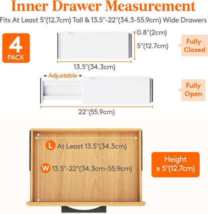 Lifewit 5 Pack Upgrade Drawer Dividers for Clothes, 4" High 11"-17" Adjustable Dresser Drawer Organizers, Expandable White Plastic Drawer Separators for Kitchen, Nursery, Office Organization & Storage | 5 Pack 11"-17" Expandable White Plastic Drawer