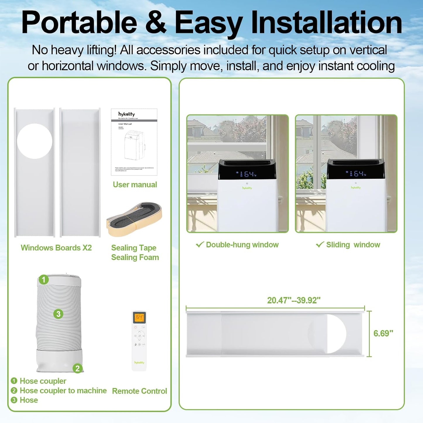 Hykolity WiFi Enabled Portable Air Conditioners 10,000 BTU, Cools Rooms Up To 450 Sq.Ft, 45dB Dual Motor 5 in 1 Quiet Smart AC Unit with Cool, Fan, Dehumidifier, 24H Timer & Sleep Mode