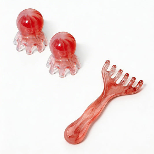 3 Pcs Amber Scalp Massager Set with Octopus Tool & Gua Sha Comb | Manual Massage Tools for Scalp, Head, Neck, Shoulders & Body Relaxation