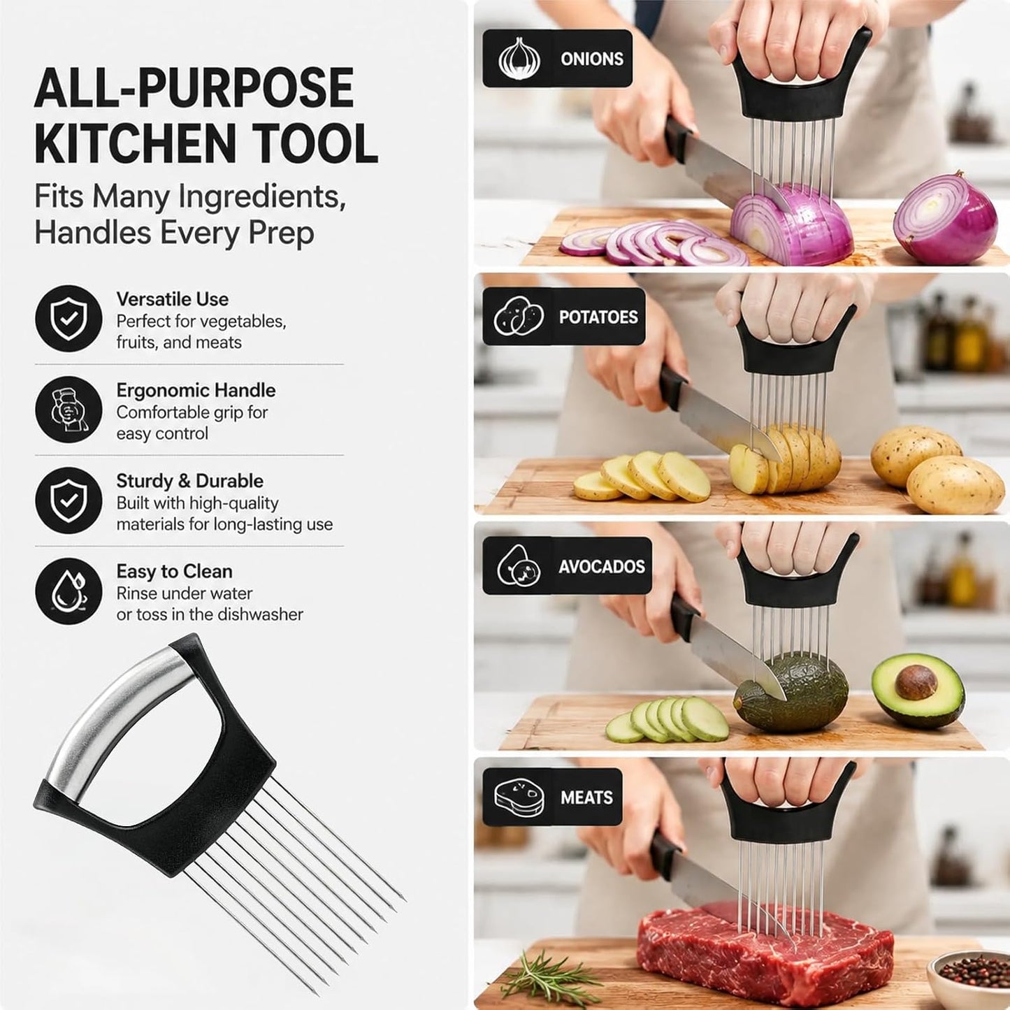 Onion Holder For Slicing Stainless Steel Kitchen Tool For Potatoes | Secure Non-Slip Grip, Stainless Steel Prongs, Safe Finger Guard, Easy Clean