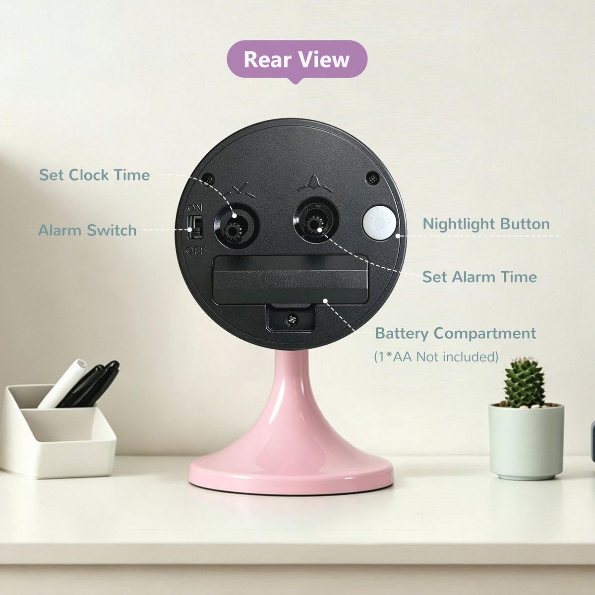 Alarm Clock, Metal 3 inch Silent Non Ticking Small Clock with Night Light, Battery Operated, Desk Analog Clock for Bedrooms Decoration, Old Fashioned Style Clock for Bedside, Adult, Gift