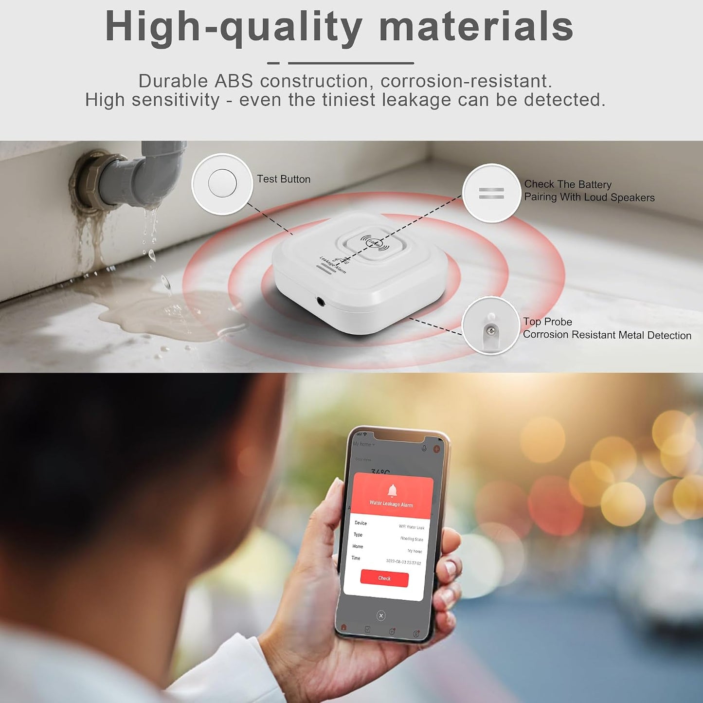 WiFi Water Leak Detectors 100dB Smart Water Sensor Alarm with 3.22 ft Sensor Cable Triple Detection Mode, with App Remote Monitor, Wireless Tank Level Monitor for Basement, Kitchen, Bathroom (3pack)