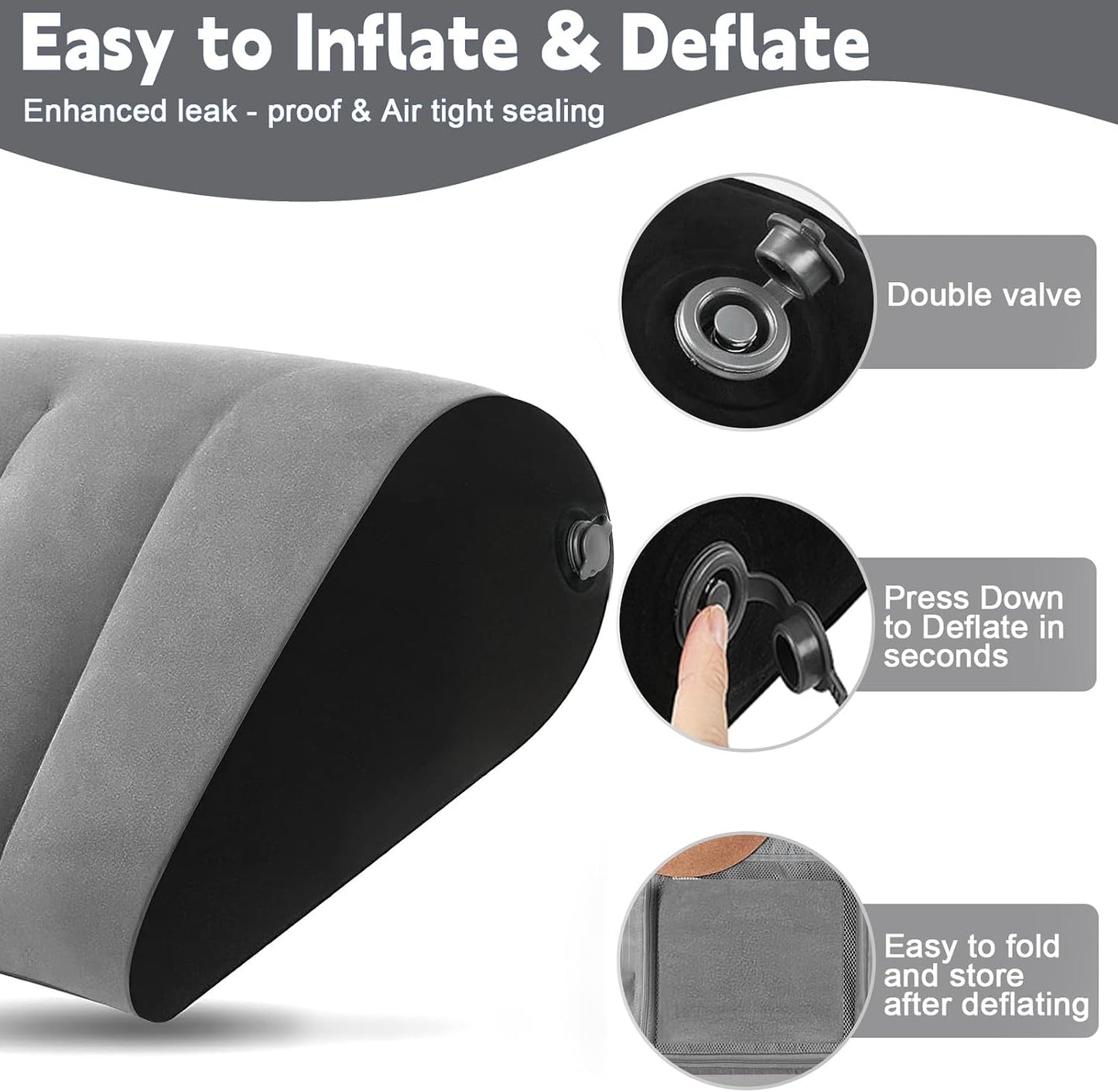 Prosixtoy Portable Wedge Pillow Inflatable Cushion - Body Positioners Lightweight Wedge Pillow for Sleeping, Leg Elevation, Use in Bed, Travel, Camping, Fast Inflating Deflation (Grey)
