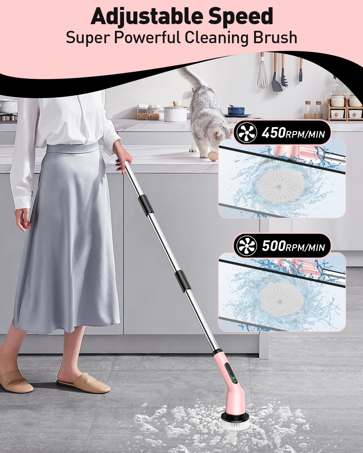 Electric Spin Scrubber for Bathroom, Shower Scrubber with Long Handle | Shower Cleaner Brushes, IPX7 Waterproof & 2 Speed, 3 Brush Heads, 90min Runtime, Bathroom Cleaning Supplies for Toilet Tub