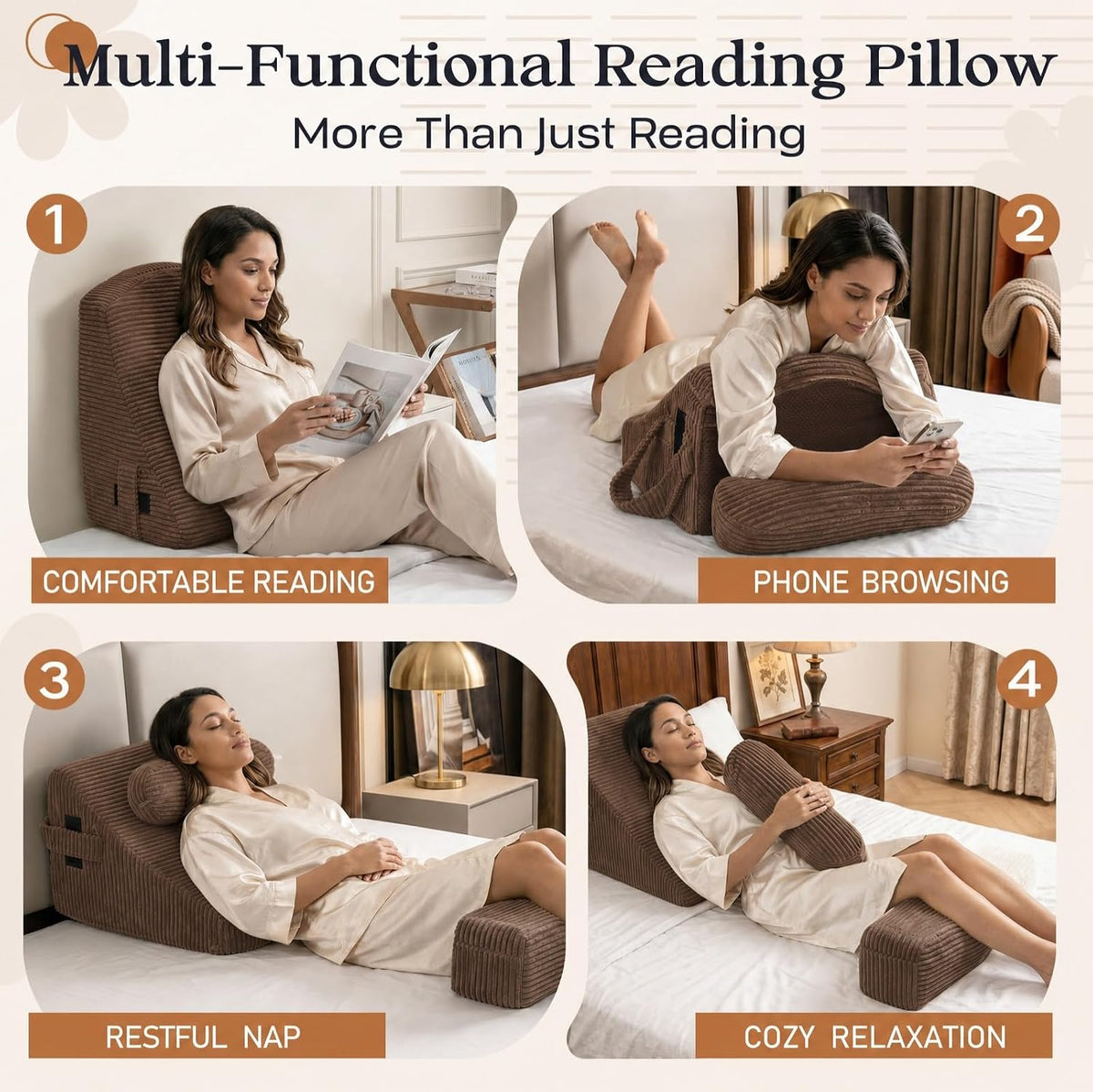 Reading Pillow/Backrest Pillow with Arms, Cup Holder & Phone Pocket
