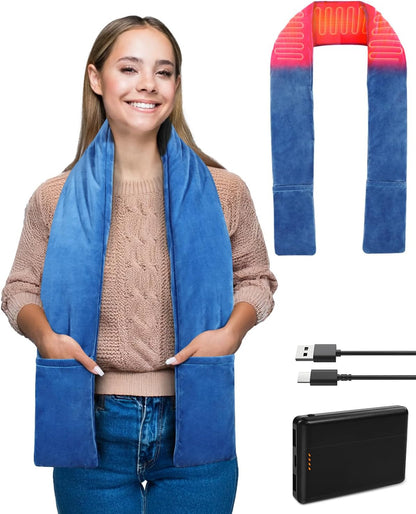 Electric Heated Scarf Pad Cordless 63'' Length Heating Soft Warmer with 10000mAh Rechargeable USB Power Bank, Adjustable 3 Heat Settings, Portable Wrap for Neck Brace and Shoulder, Black