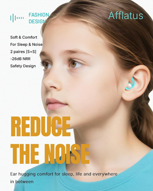 Afflatus Kids Ear Plugs for Sleeping and Small Ear Canls, Age 10-17, Comfort Earplugs for Small Ears, Sleep, Noise Reduction, Concerts, Reusable, Washable (Size S, Pairs*2)
