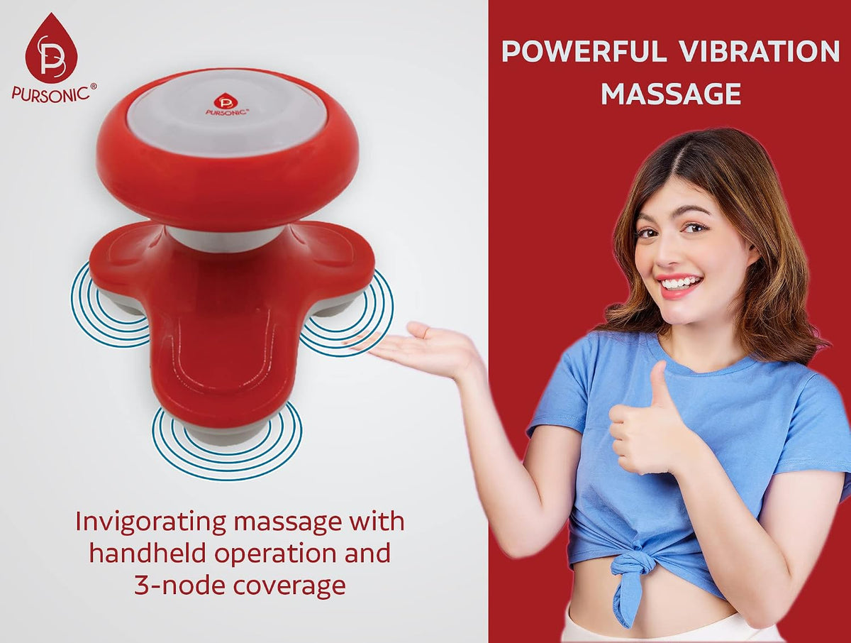 Pursonic Handheld Sport Massager Mini Portable for Hand, Head, Neck, Back, Legs & Arms Pain Relief Easy Grip Handle, 3 Vibrating Massage Modes (White)
