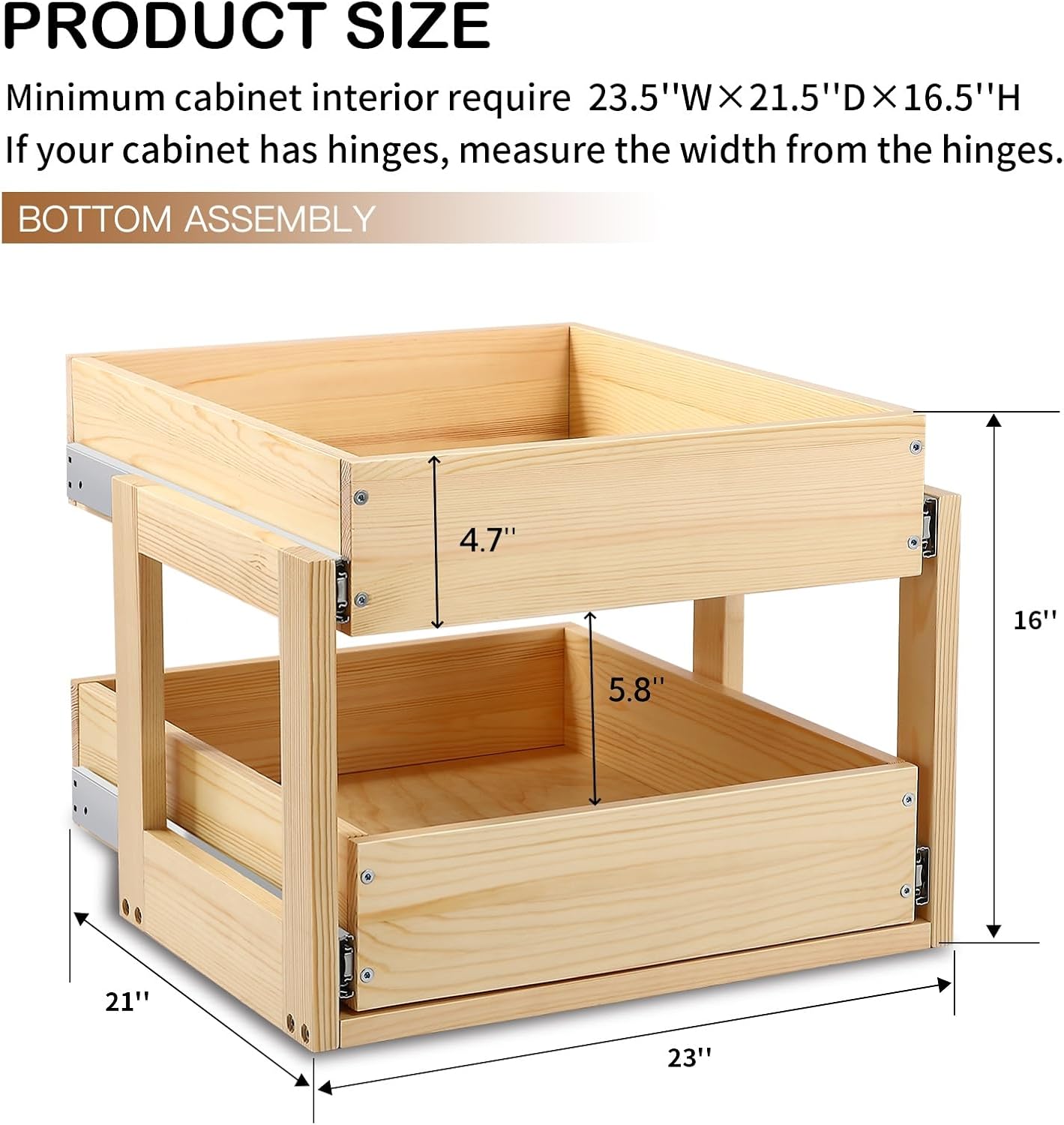 Pull Out Cabinet Organizer 17''W×21''D×16''H Slide Out Drawer | Soft Close Wood Kitchen Pullout Drawers for Cabinets Shelves for Kitchen, 2-Tier, Finished, Heavy-Duty, Bottom Assembly